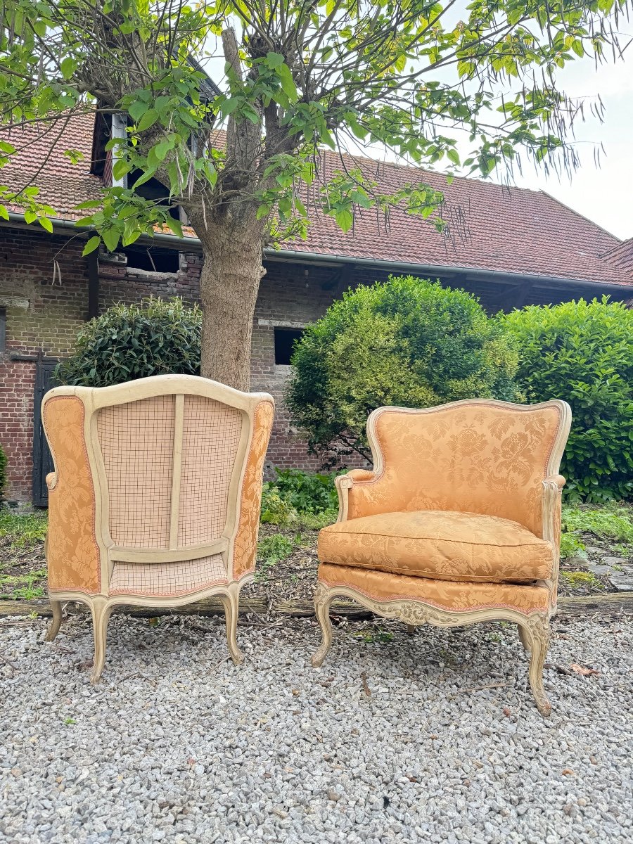 Paire De Large Bergères En Bois Peint De Style Louis XV XIX Eme Siècle -photo-1