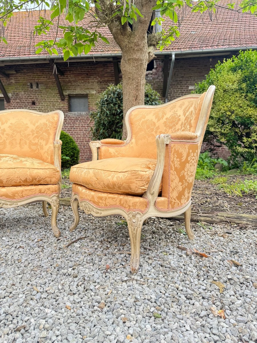 Paire De Large Bergères En Bois Peint De Style Louis XV XIX Eme Siècle -photo-6