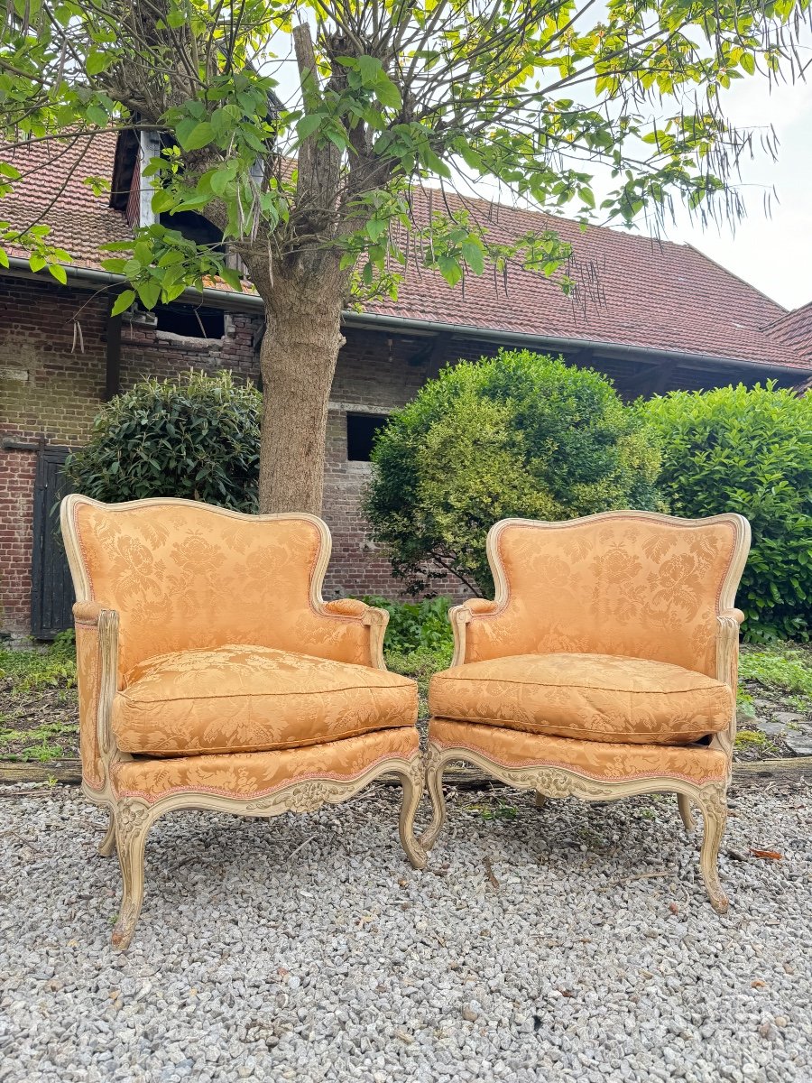 Paire De Large Bergères En Bois Peint De Style Louis XV XIX Eme Siècle 
