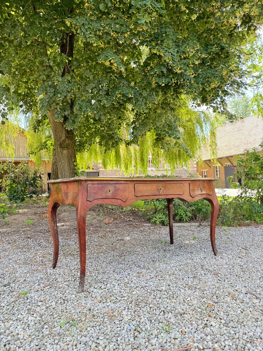Bureau Plat En Marqueterie De Style Louis XV XIX Eme Siècle -photo-2