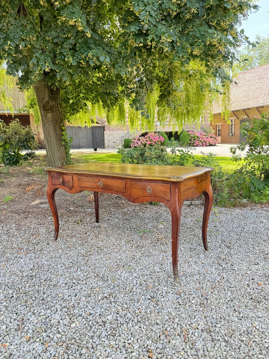Bureau Plat En Marqueterie De Style Louis XV XIX Eme Siècle -photo-3