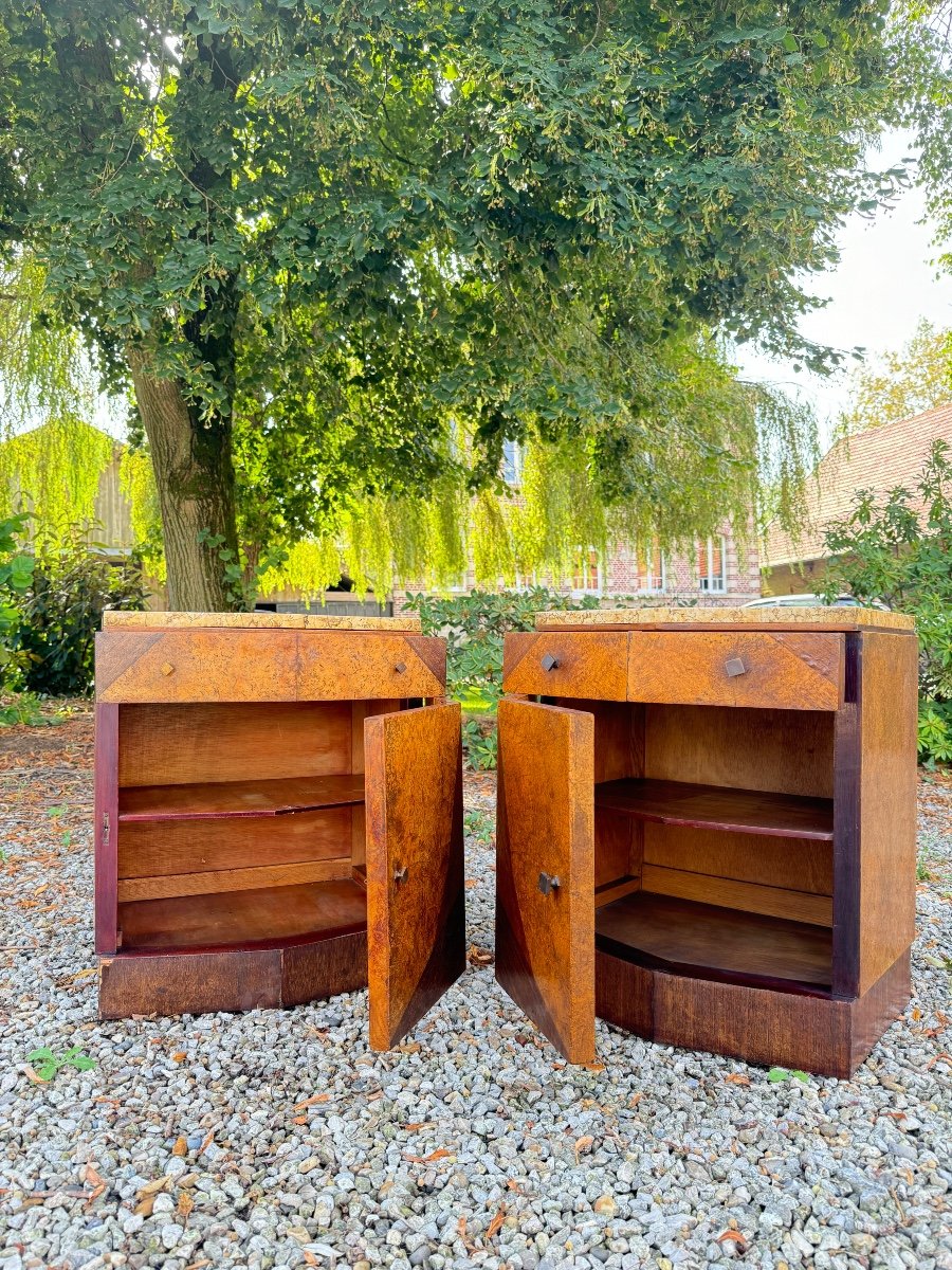 Pair Of Art Deco Period Veneer Wood Bedside Tables -photo-1