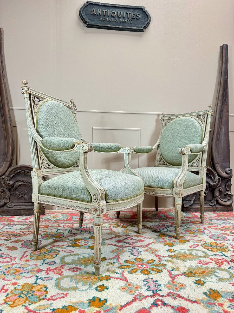 Georges Jacob D’après Paire De Fauteuils En Bois Laqué De Style Louis XVI XIX Eme Siècle -photo-2