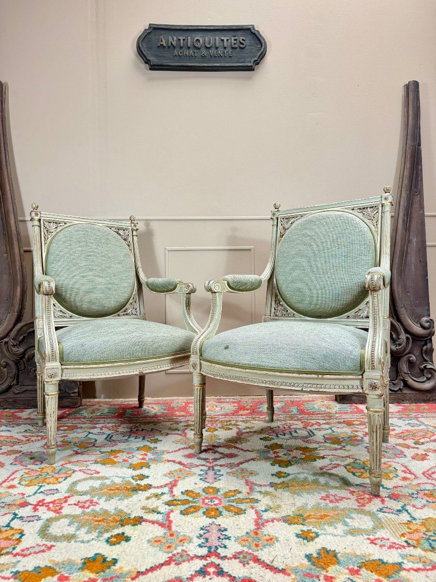 Georges Jacob D’après Paire De Fauteuils En Bois Laqué De Style Louis XVI XIX Eme Siècle -photo-4