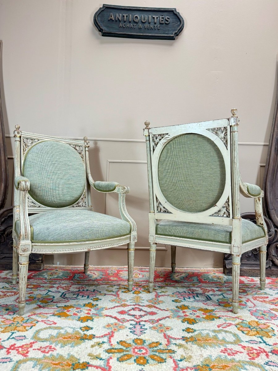 Georges Jacob D’après Paire De Fauteuils En Bois Laqué De Style Louis XVI XIX Eme Siècle -photo-6