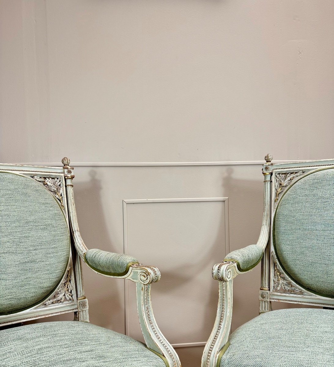 Georges Jacob D’après Paire De Fauteuils En Bois Laqué De Style Louis XVI XIX Eme Siècle -photo-8