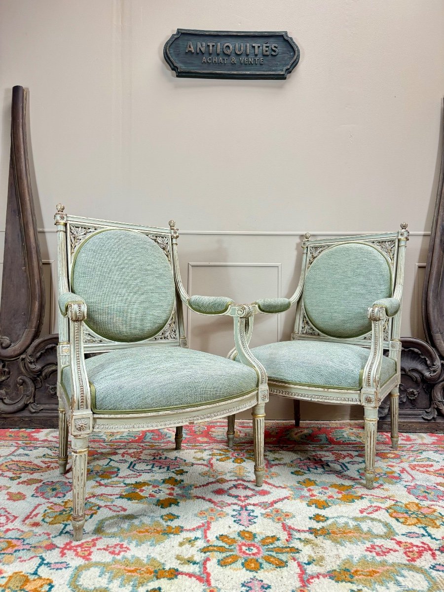 Georges Jacob D’après Paire De Fauteuils En Bois Laqué De Style Louis XVI XIX Eme Siècle 