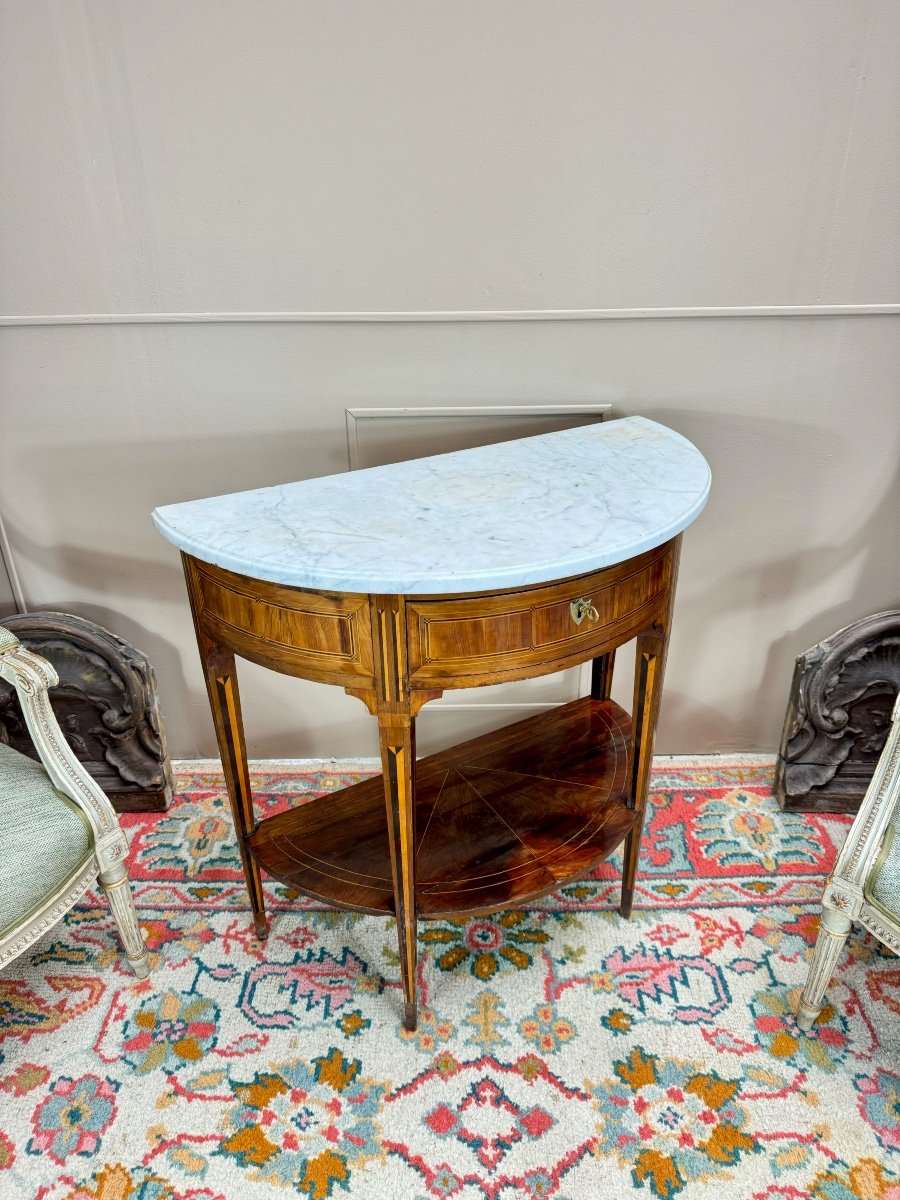 Half-moon Console In Marquetry From The Louis XVI Period, 18th Century -photo-2