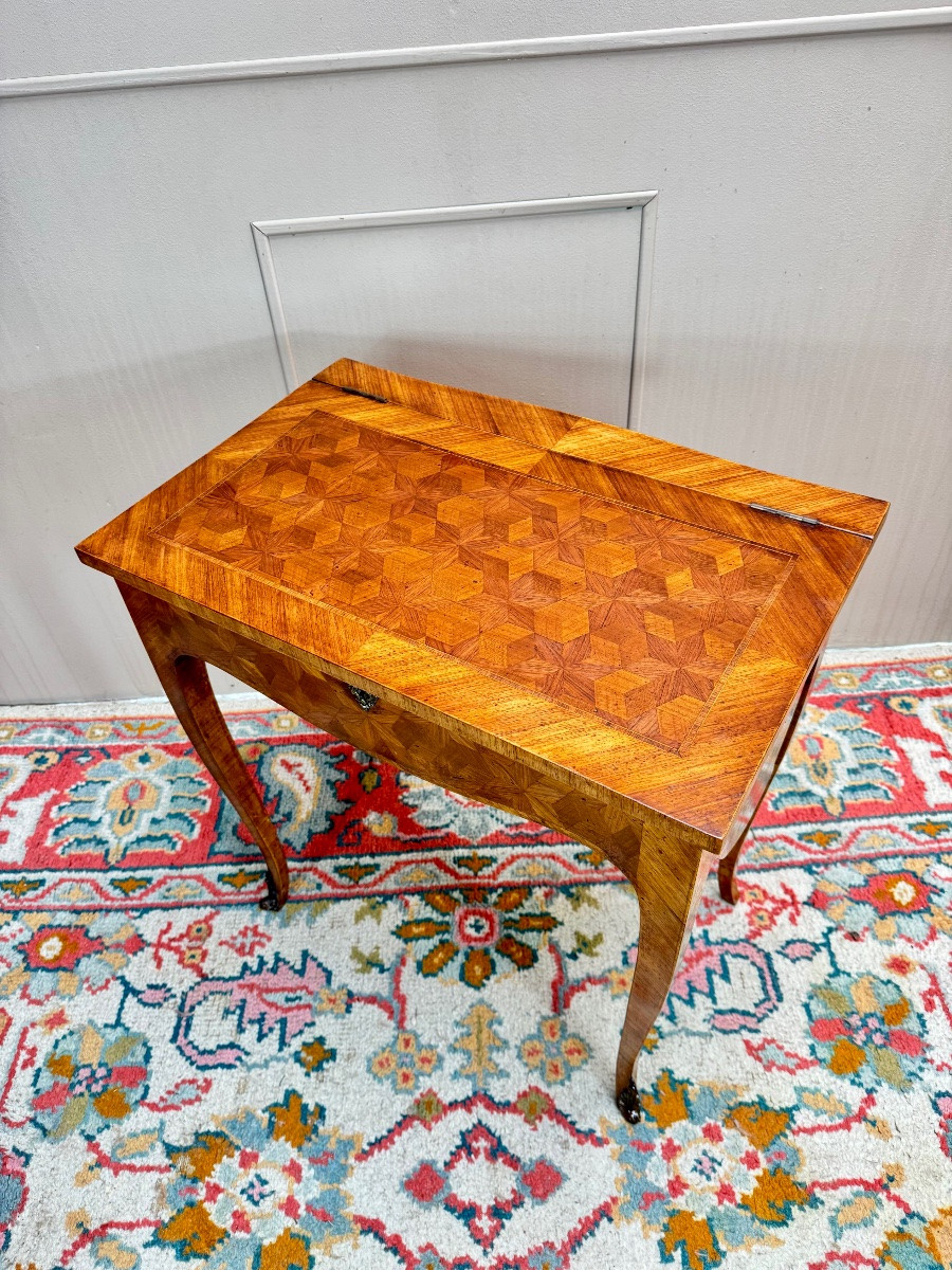 Capuchin Desk In Louis XV Style Marquetry, Faubourg Work, Stamped -photo-6