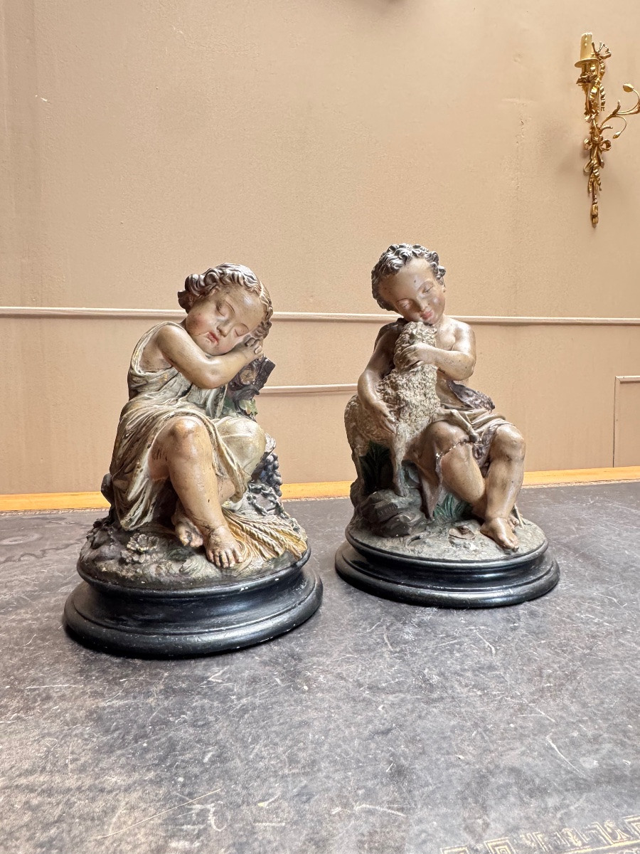 Deux sujets en plâtre polychrome. Jean-Baptiste et Jésus.  Epoque Napoléon III XIX eme siècle -photo-2