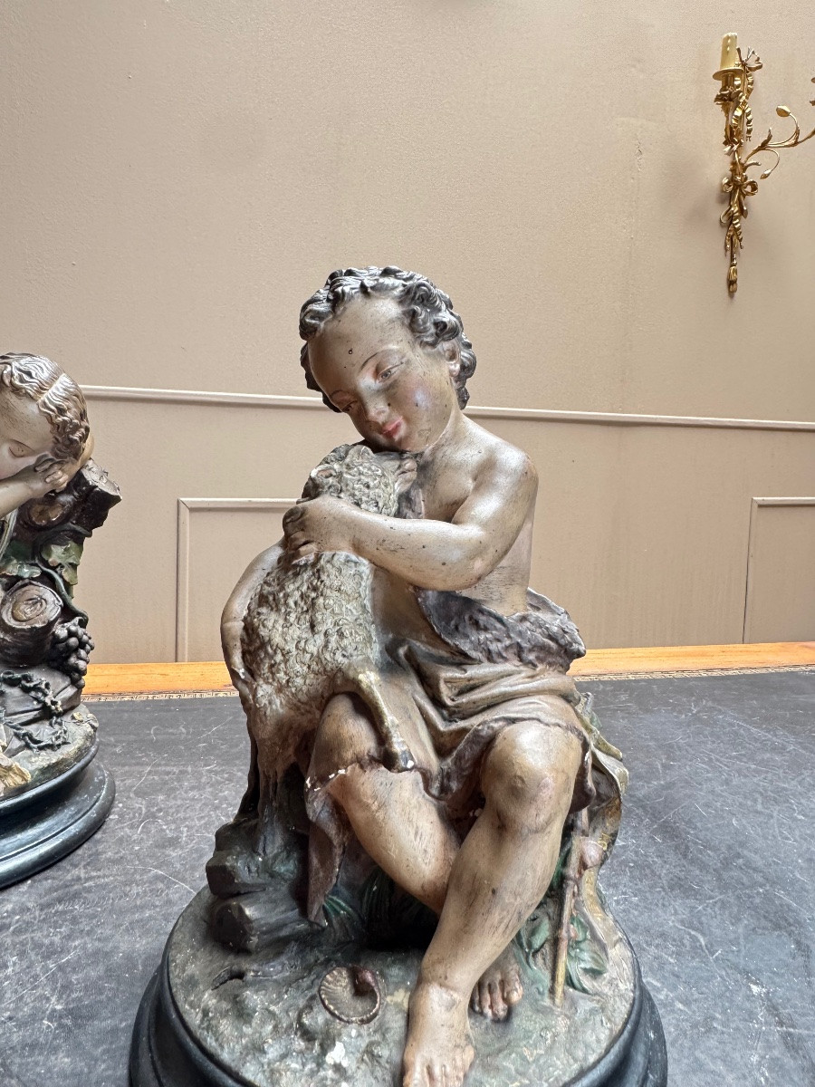Deux sujets en plâtre polychrome. Jean-Baptiste et Jésus.  Epoque Napoléon III XIX eme siècle -photo-3
