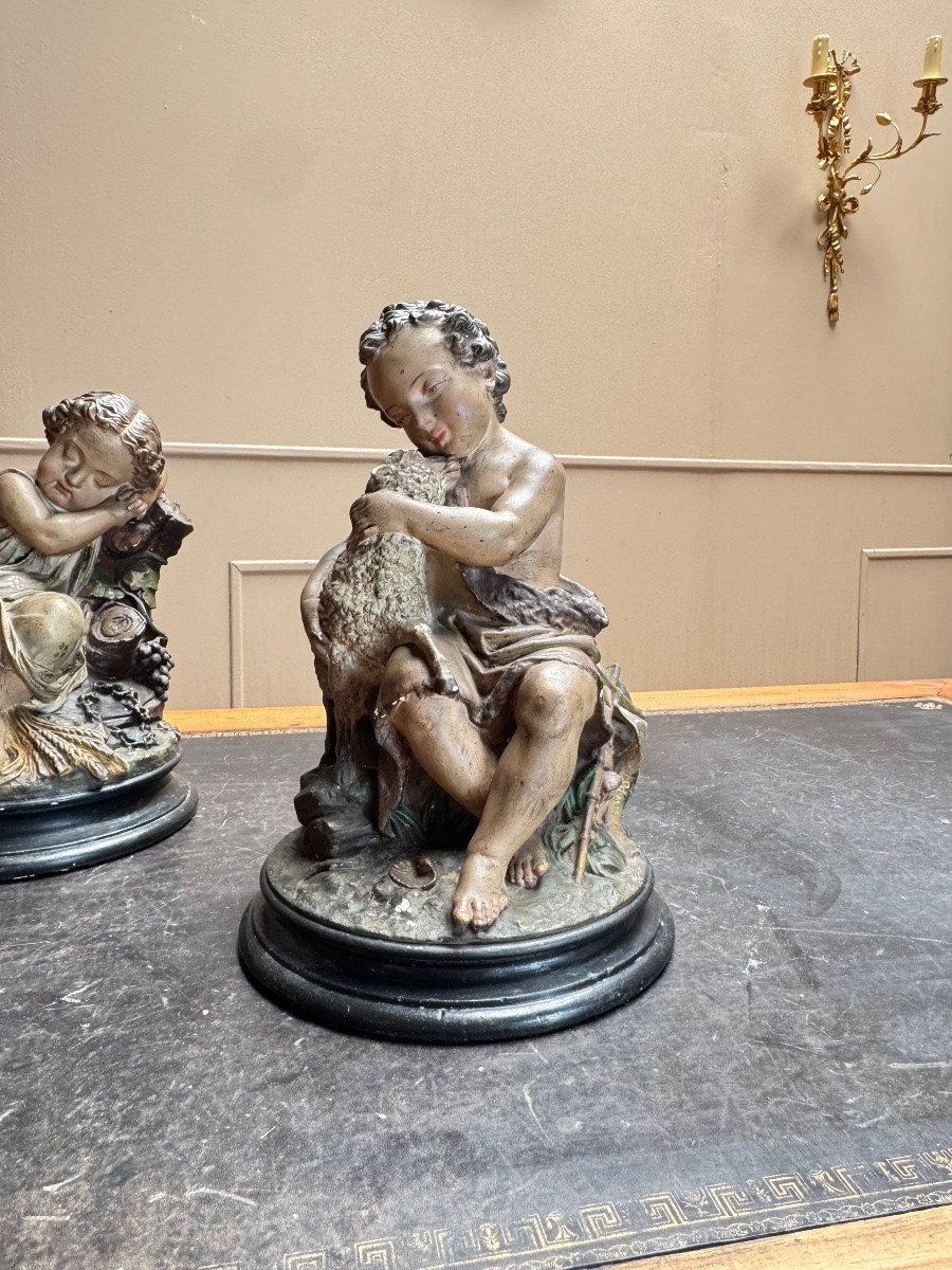 Deux sujets en plâtre polychrome. Jean-Baptiste et Jésus.  Epoque Napoléon III XIX eme siècle -photo-4