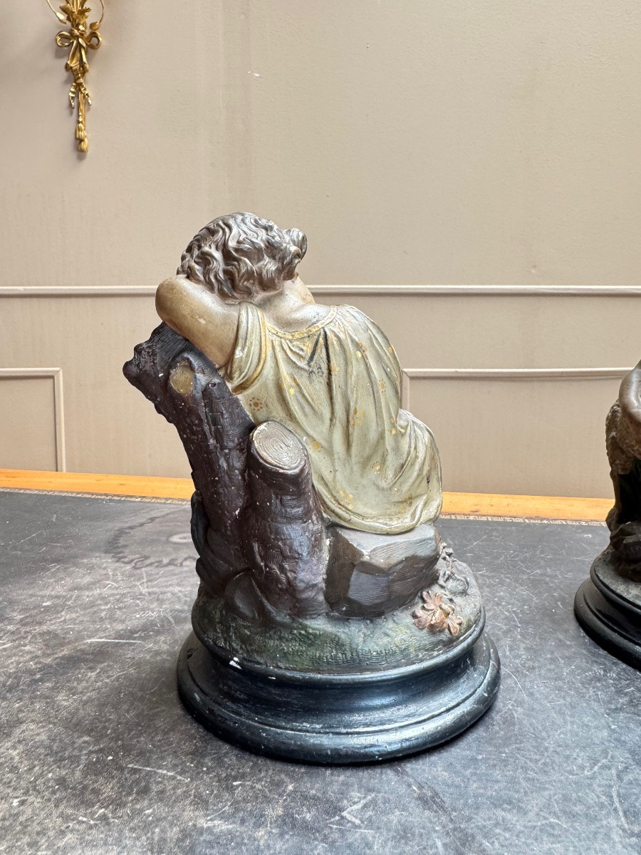 Deux sujets en plâtre polychrome. Jean-Baptiste et Jésus.  Epoque Napoléon III XIX eme siècle -photo-2