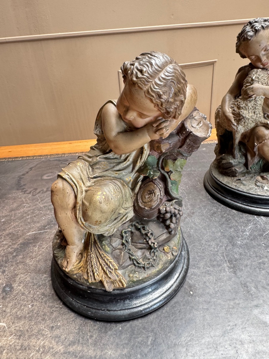 Deux sujets en plâtre polychrome. Jean-Baptiste et Jésus.  Epoque Napoléon III XIX eme siècle -photo-3