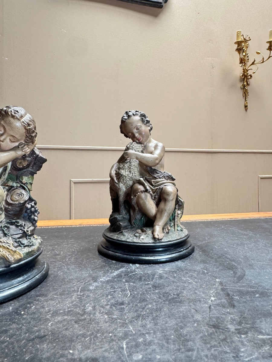 Deux sujets en plâtre polychrome. Jean-Baptiste et Jésus.  Epoque Napoléon III XIX eme siècle -photo-4
