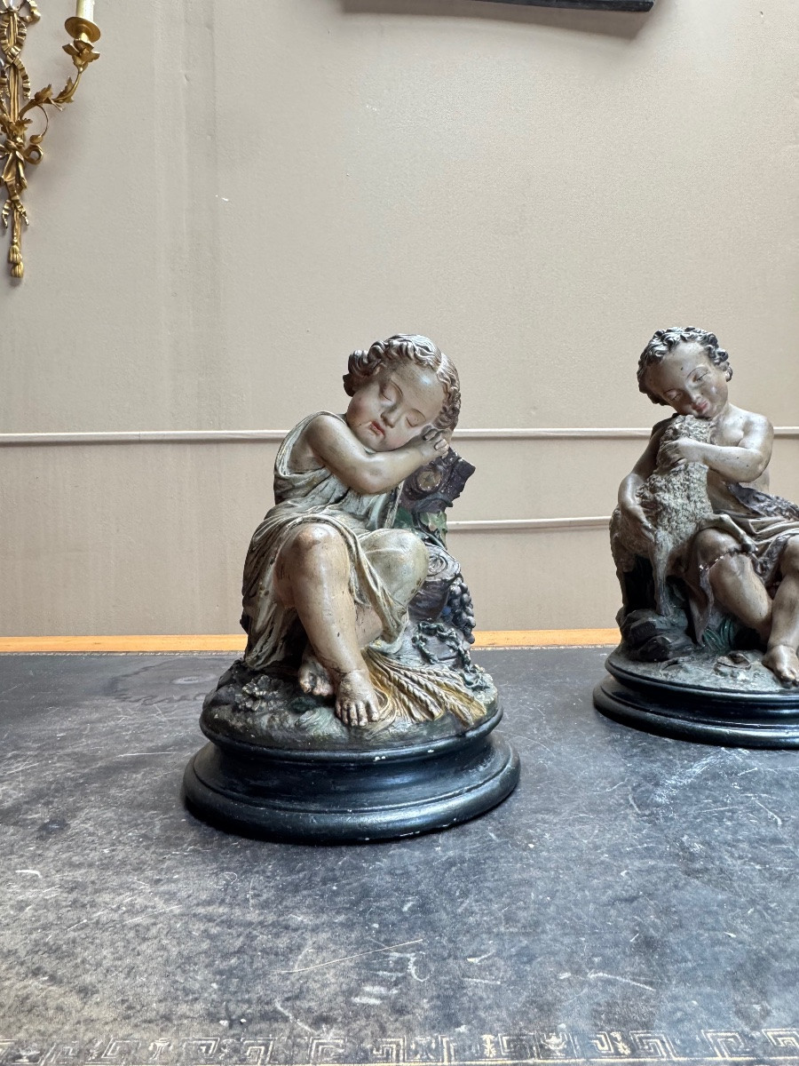 Deux sujets en plâtre polychrome. Jean-Baptiste et Jésus.  Epoque Napoléon III XIX eme siècle -photo-5