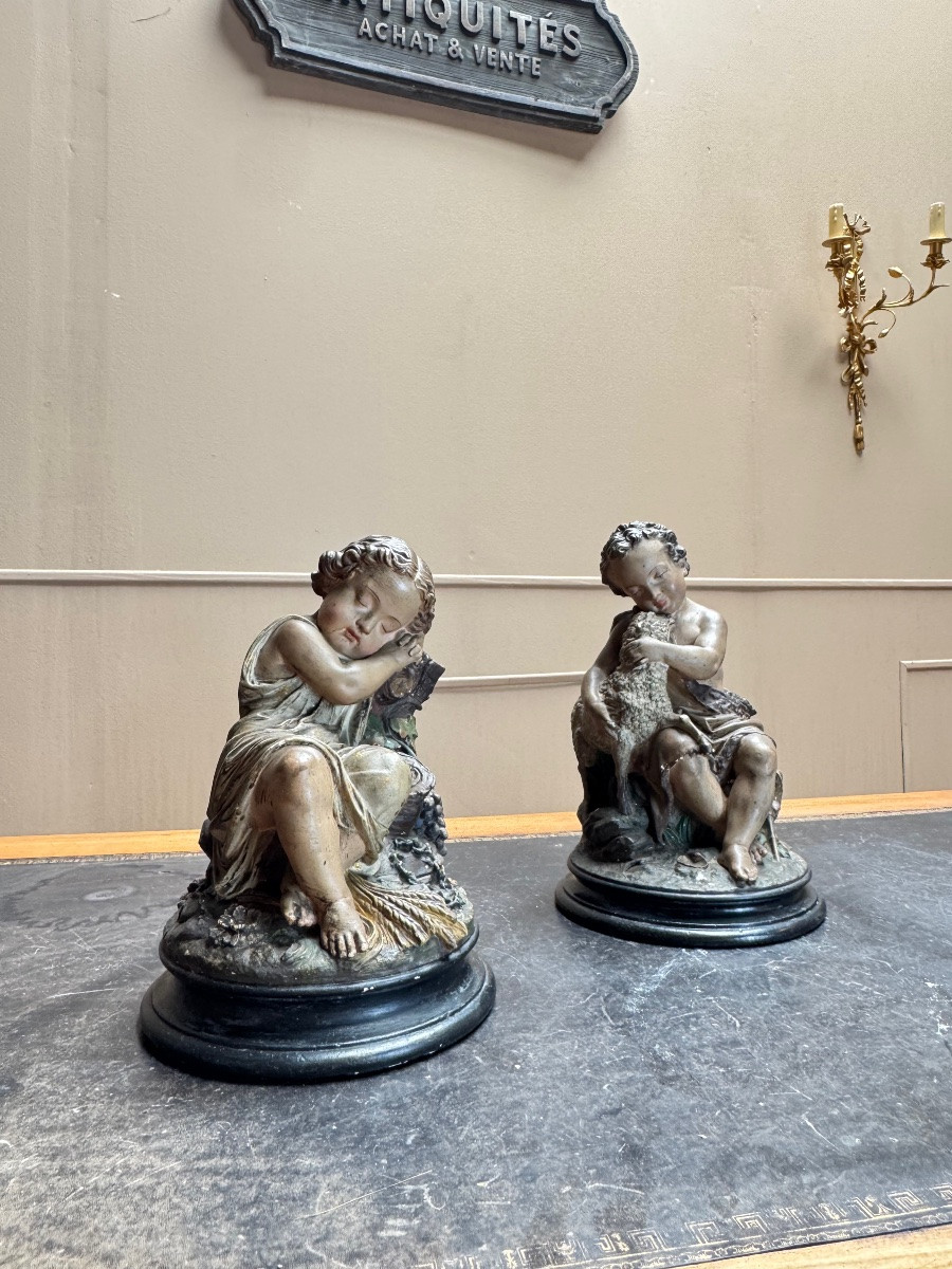 Deux sujets en plâtre polychrome. Jean-Baptiste et Jésus.  Epoque Napoléon III XIX eme siècle -photo-6
