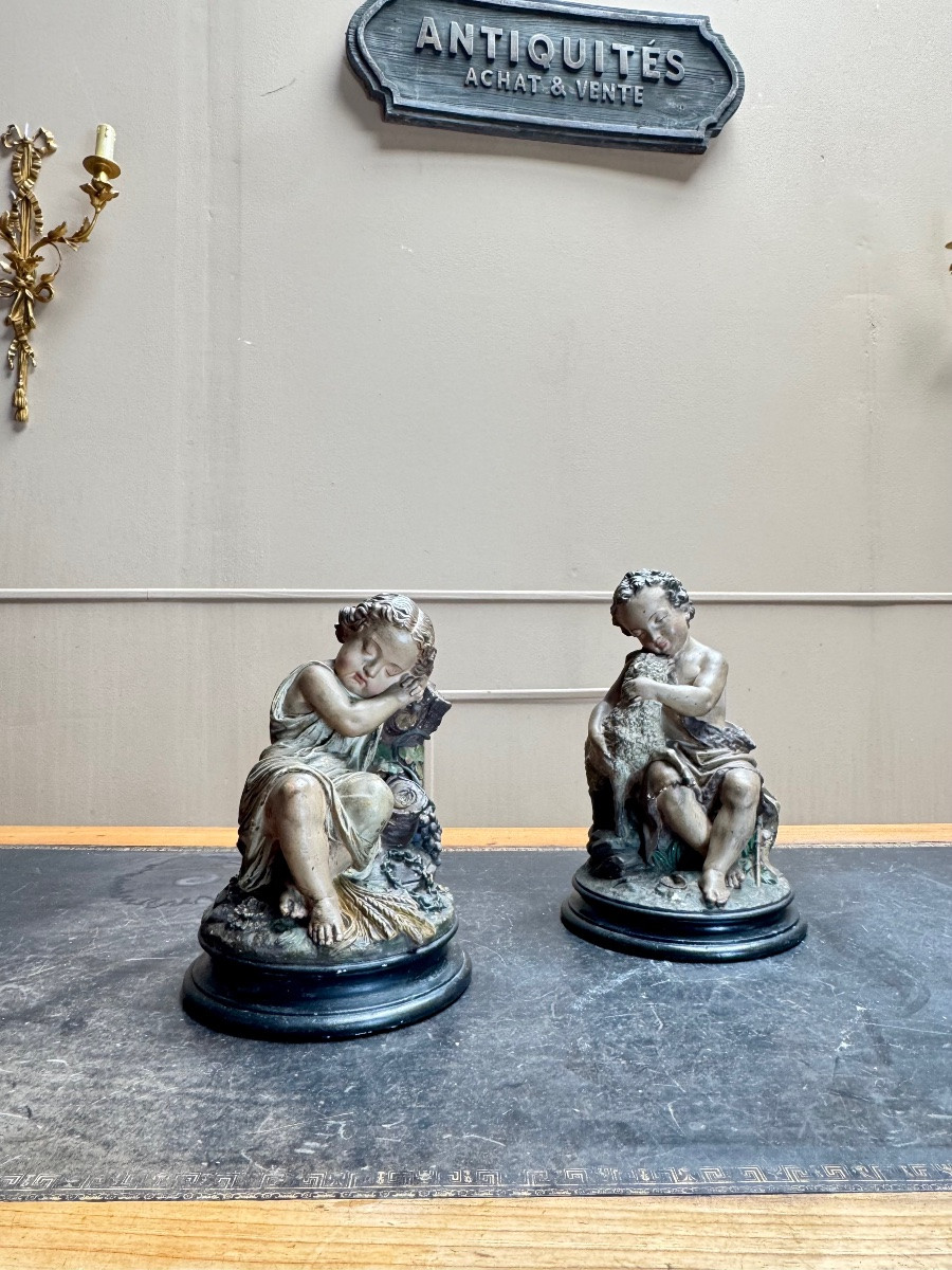 Deux sujets en plâtre polychrome. Jean-Baptiste et Jésus.  Epoque Napoléon III XIX eme siècle -photo-7