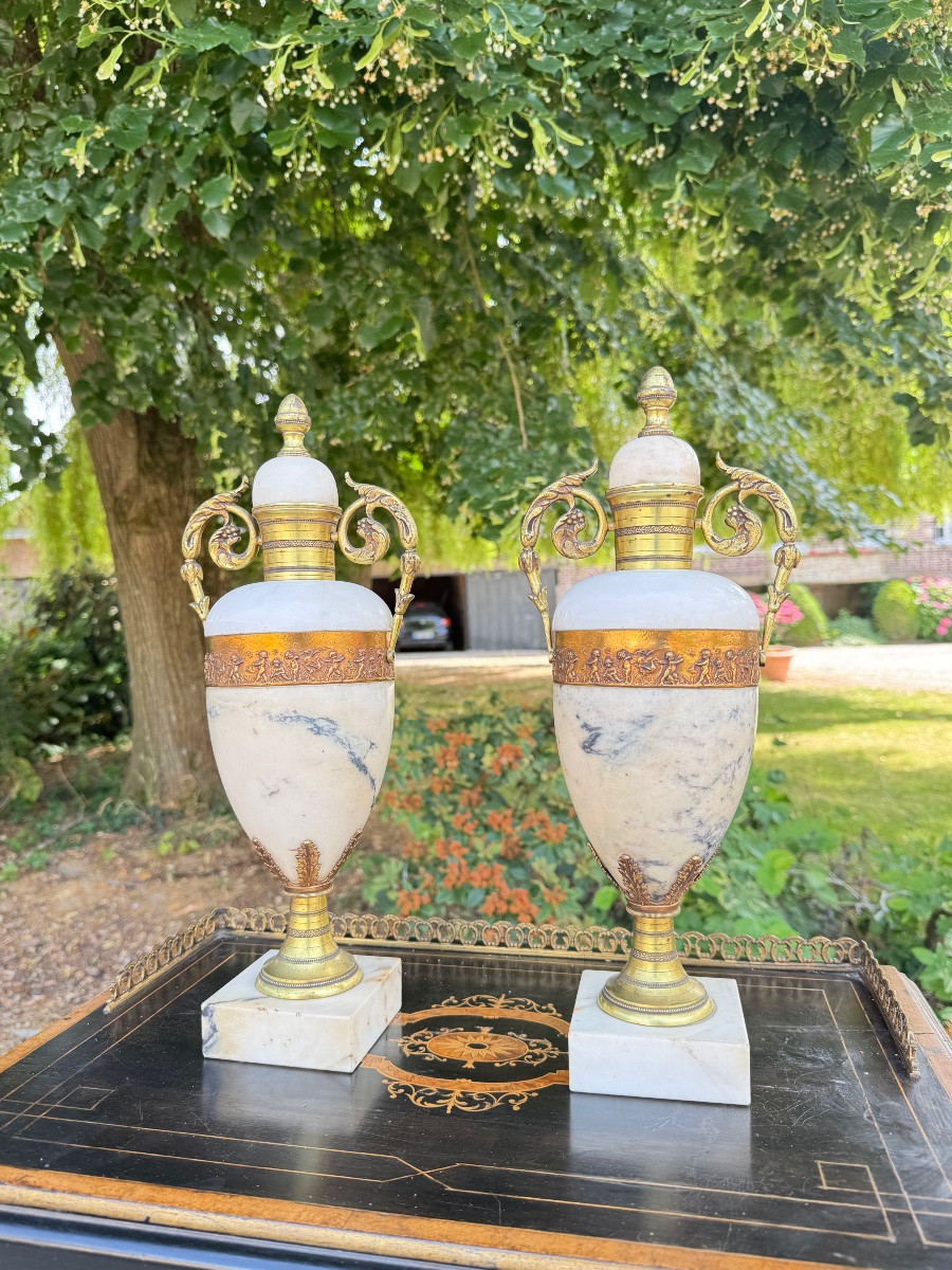 Pair Of Marble And Gilded Bronze Cassolettes In The Louis XVI Style, 19th Century -photo-2