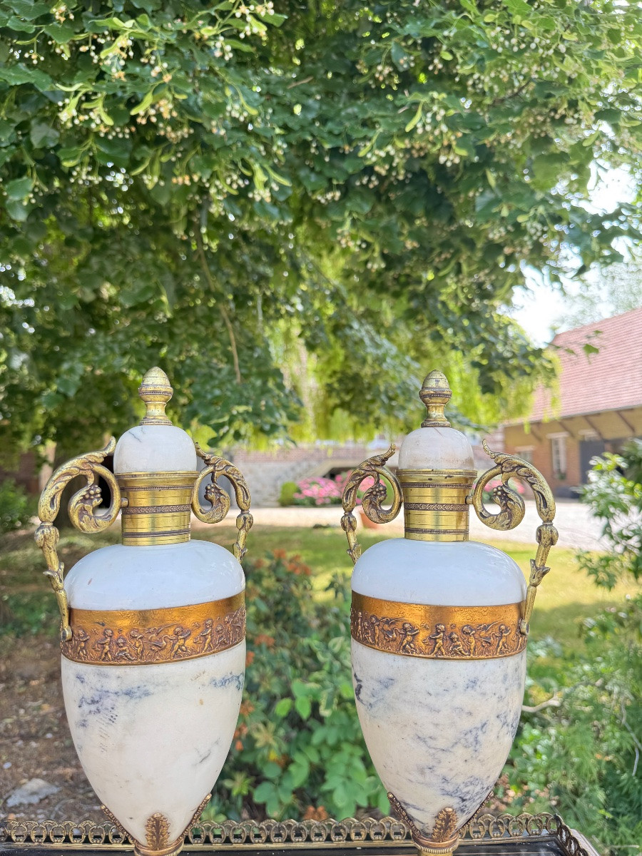Pair Of Marble And Gilded Bronze Cassolettes In The Louis XVI Style, 19th Century -photo-4