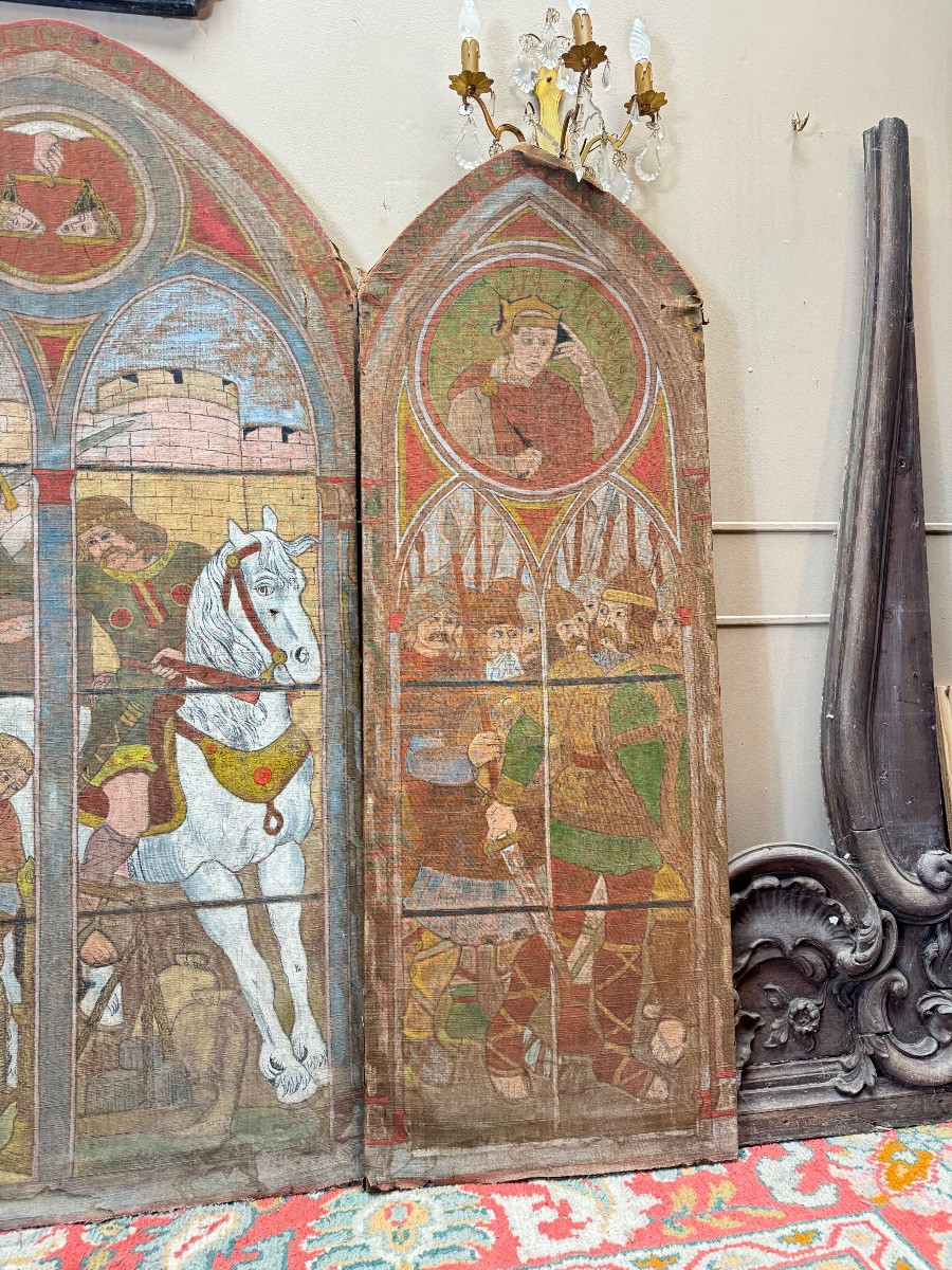 19th Century Neo-gothic Style Canvas Triptych Screen -photo-3