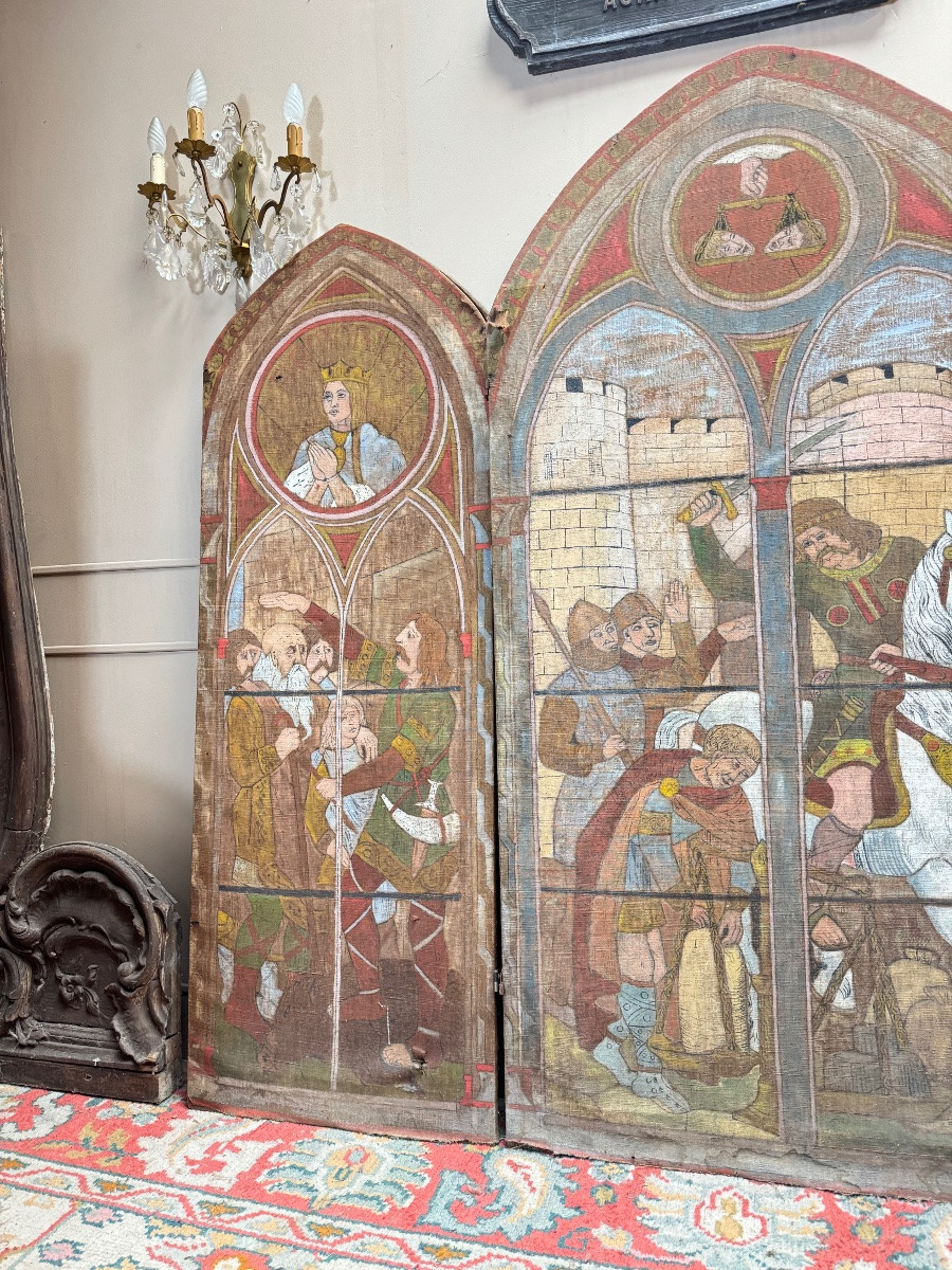 19th Century Neo-gothic Style Canvas Triptych Screen -photo-4