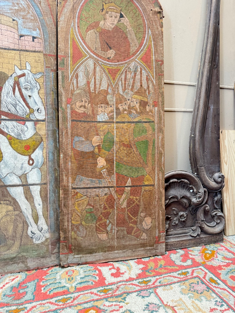 19th Century Neo-gothic Style Canvas Triptych Screen -photo-3