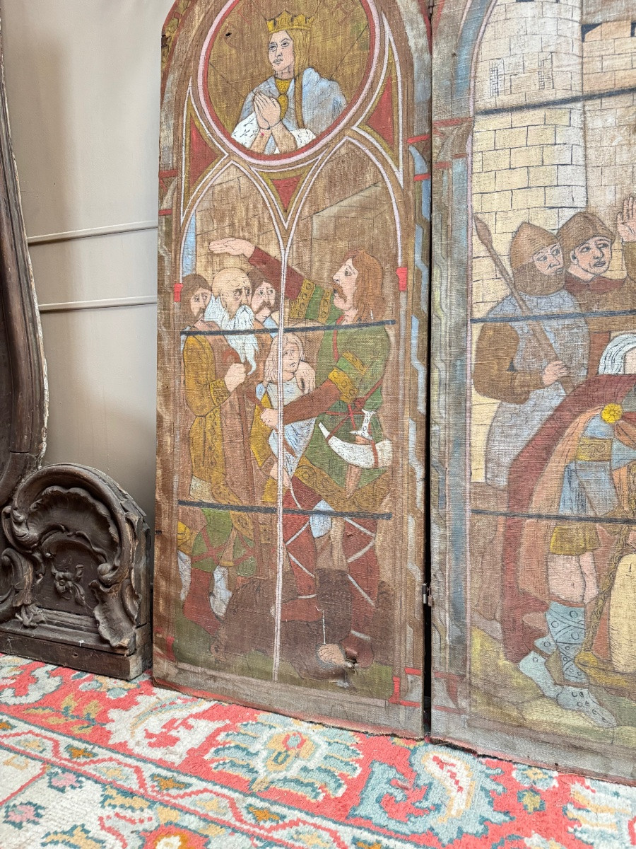 19th Century Neo-gothic Style Canvas Triptych Screen -photo-4
