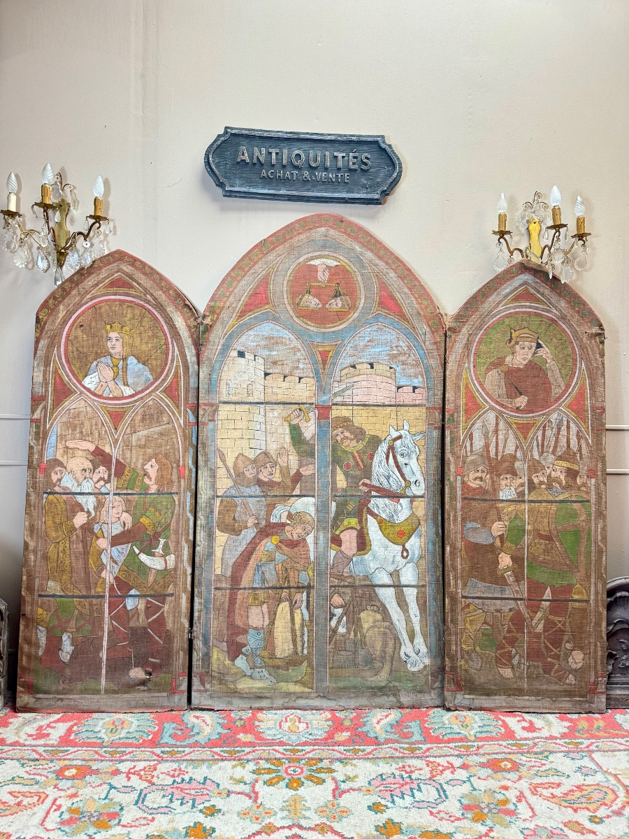 19th Century Neo-gothic Style Canvas Triptych Screen 