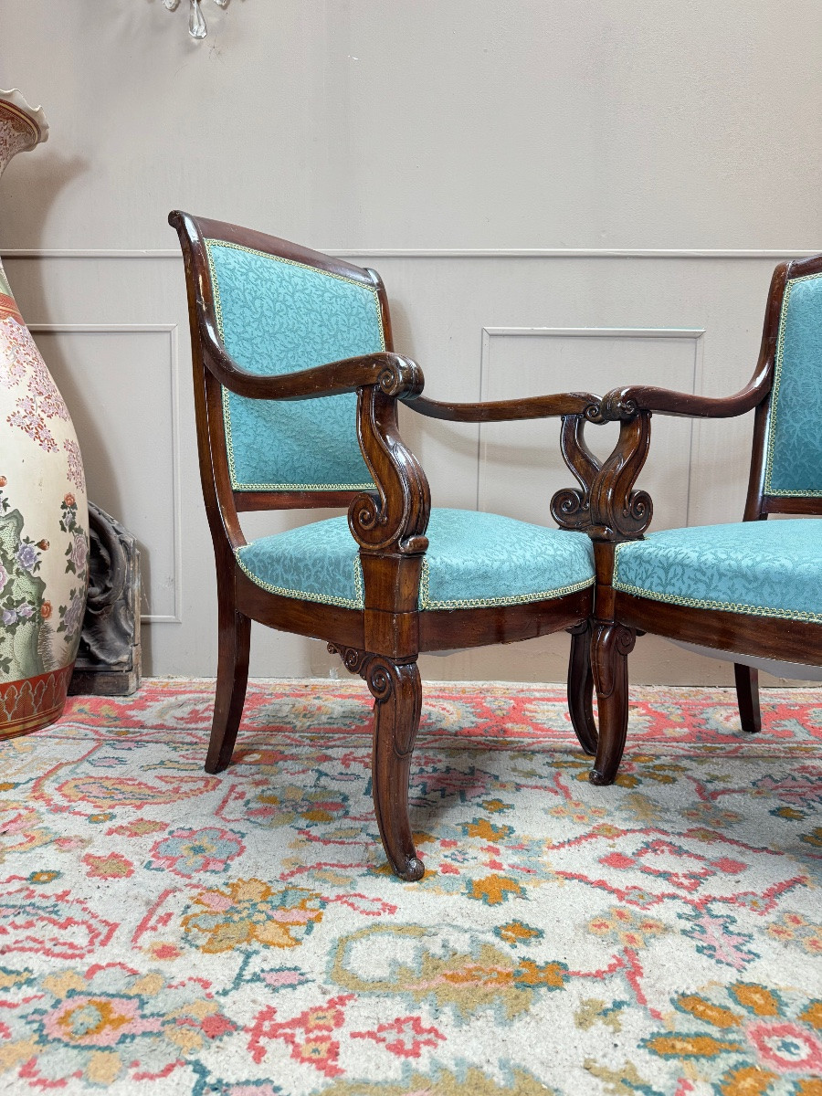 Pair Of Mahogany Armchairs From The 19th Century Restoration Period -photo-1