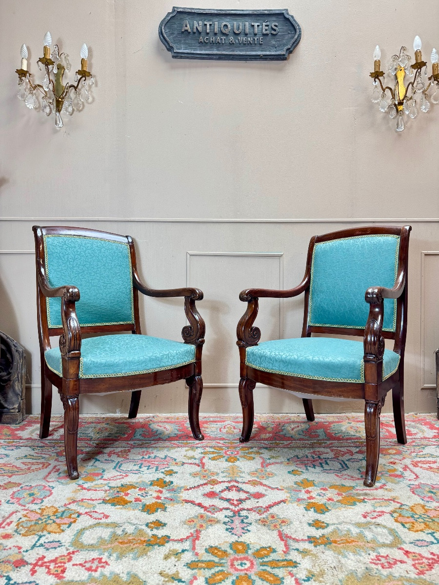 Pair Of Mahogany Armchairs From The 19th Century Restoration Period 
