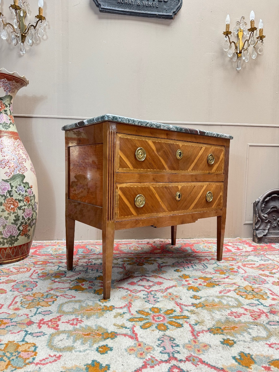 Commode sauteuse en bois naturel et marqueterie de style Louis XVI XIX eme siècle -photo-2