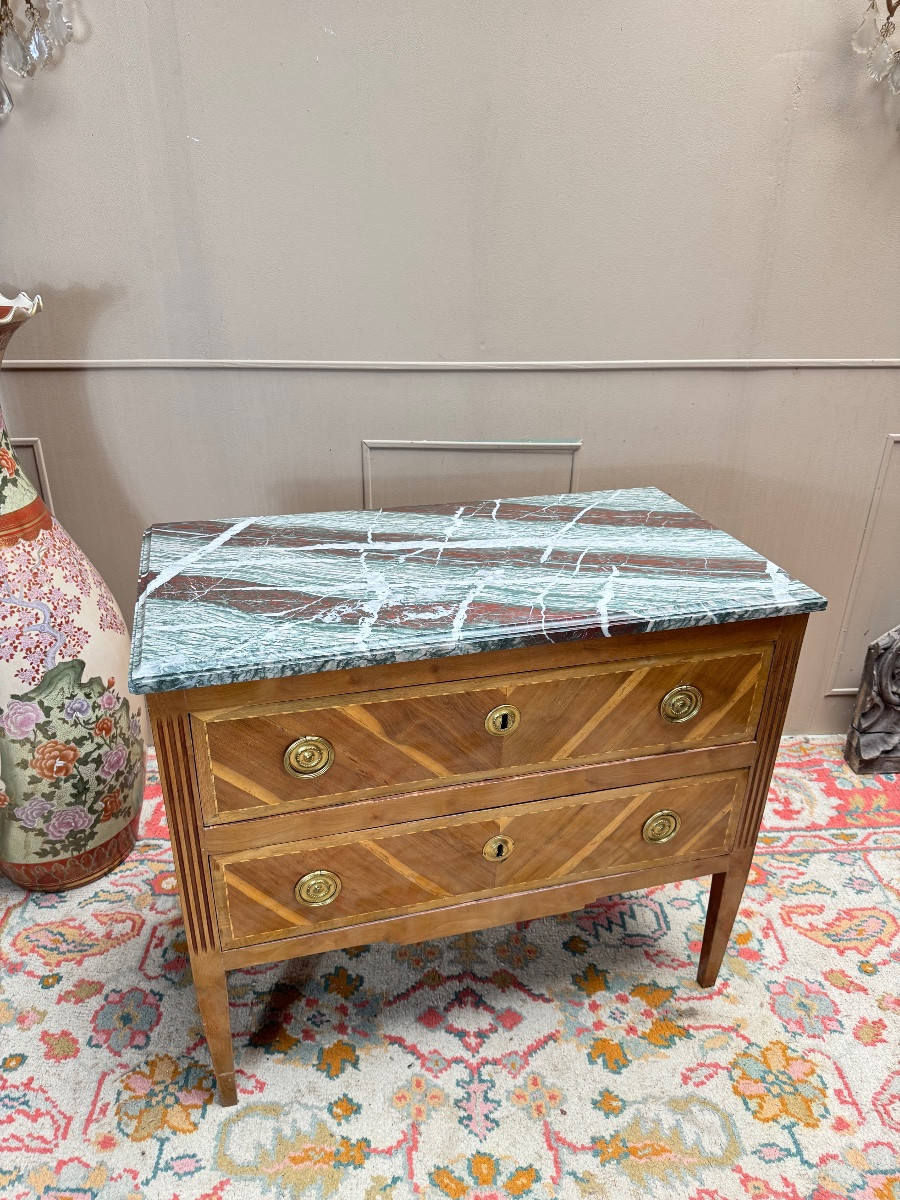Commode sauteuse en bois naturel et marqueterie de style Louis XVI XIX eme siècle -photo-3