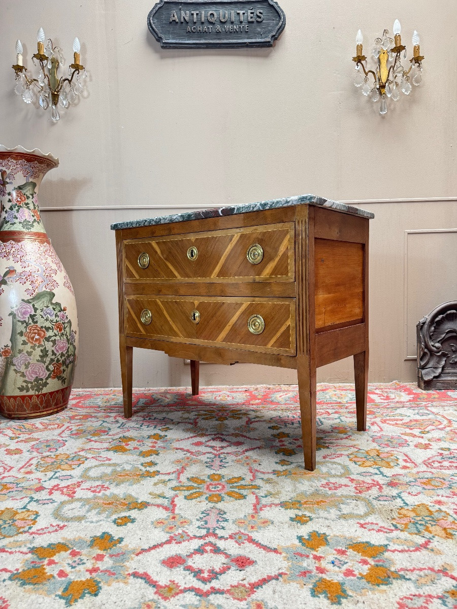 Commode sauteuse en bois naturel et marqueterie de style Louis XVI XIX eme siècle -photo-1