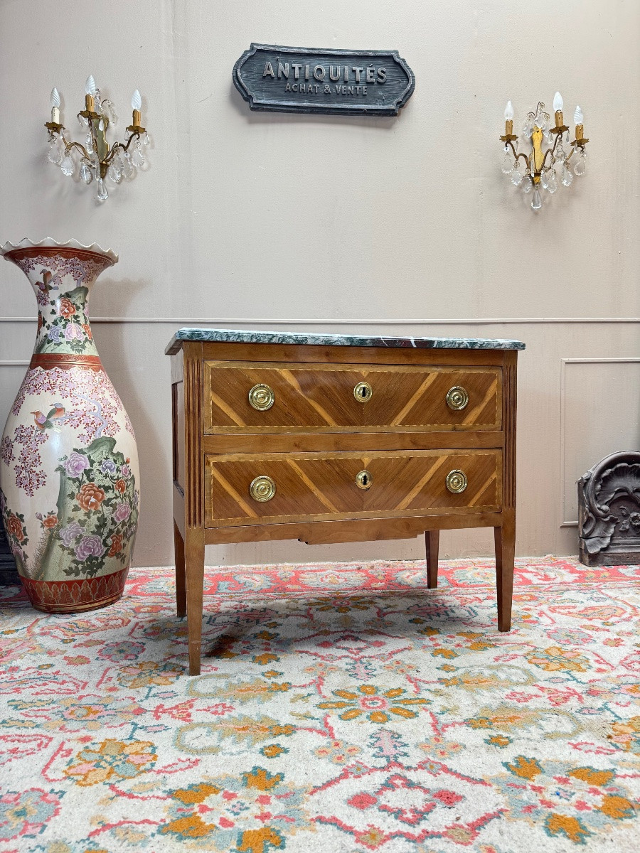 Commode sauteuse en bois naturel et marqueterie de style Louis XVI XIX eme siècle -photo-3