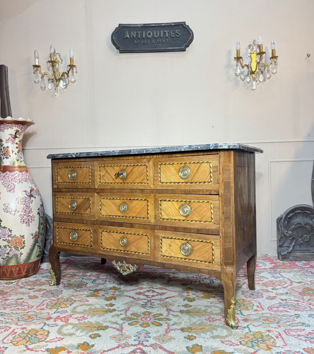 Commode en marqueterie d’époque transition XVIII eme siècle -photo-1