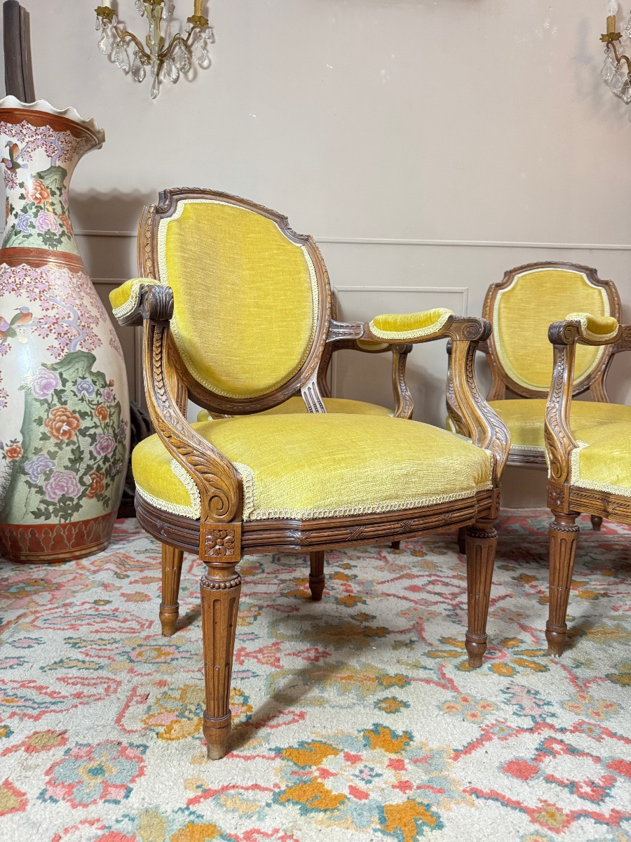 Set Of Four Louis XVI Style Armchairs In Natural Wood, 19th Century -photo-3