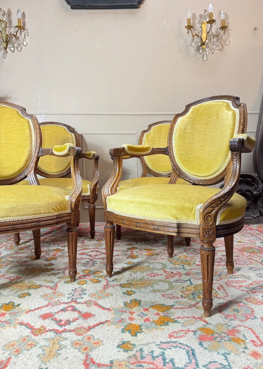 Set Of Four Louis XVI Style Armchairs In Natural Wood, 19th Century -photo-4