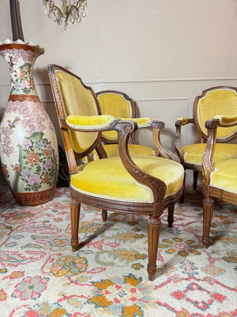 Set Of Four Louis XVI Style Armchairs In Natural Wood, 19th Century -photo-3