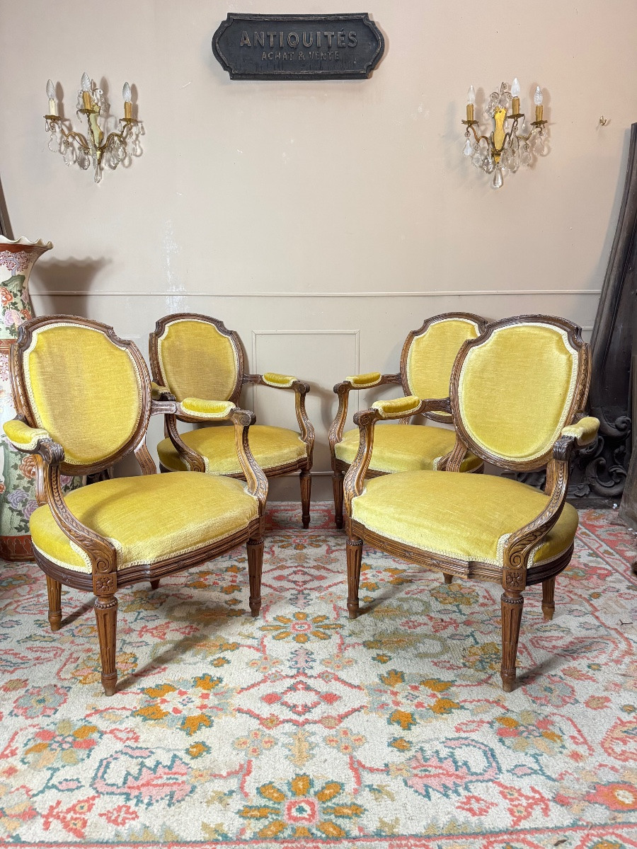 Set Of Four Louis XVI Style Armchairs In Natural Wood, 19th Century -photo-5