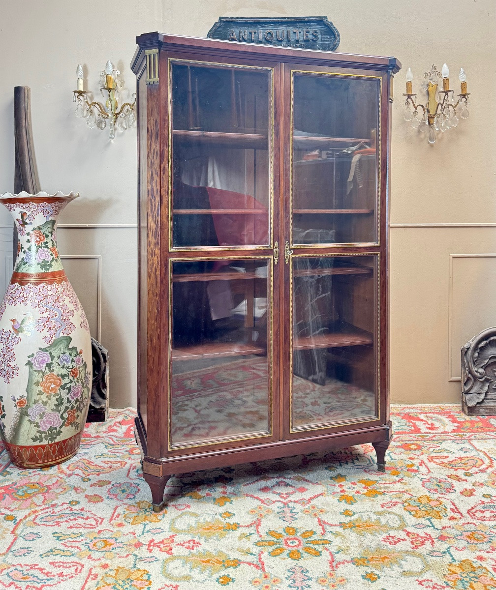 Bibliothèque, vitrine en acajou moucheté de style louis XVI XIX eme siècle -photo-4