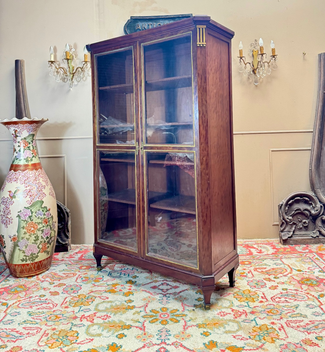 Bibliothèque, vitrine en acajou moucheté de style louis XVI XIX eme siècle -photo-4