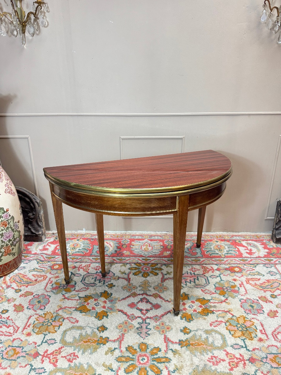 Table demi lune formant console et table de salle à manger en acajou de style Louis XVI.-photo-2
