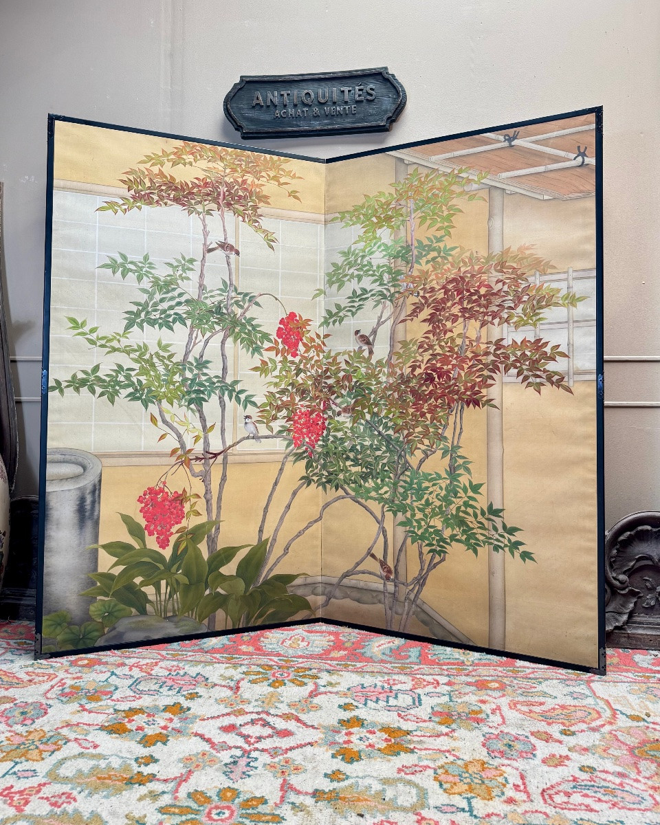 Paravent à deux panneaux à décor de plantes et d’oiseaux Japon -photo-2