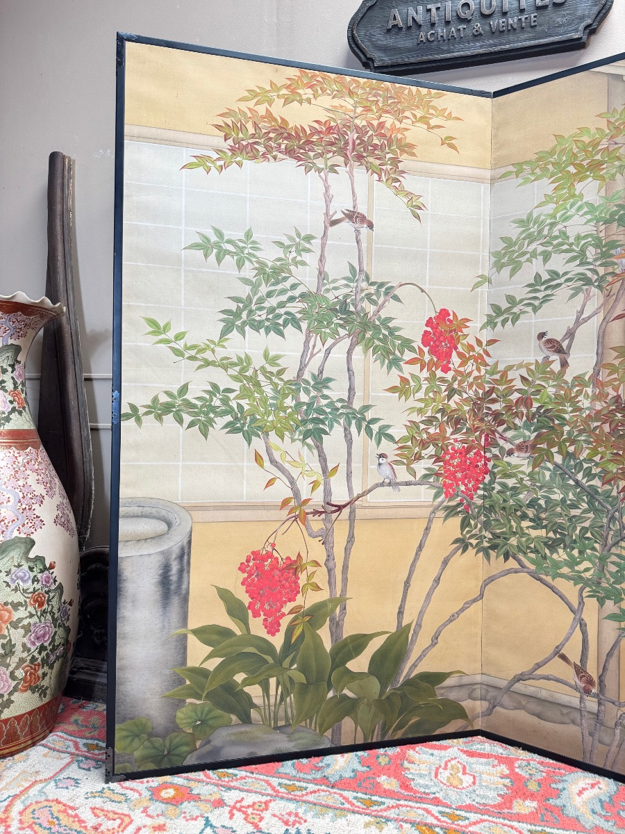 Paravent à deux panneaux à décor de plantes et d’oiseaux Japon -photo-4