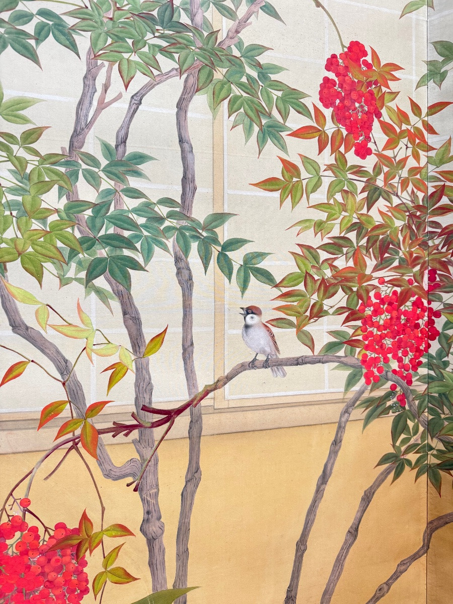 Paravent à deux panneaux à décor de plantes et d’oiseaux Japon -photo-1