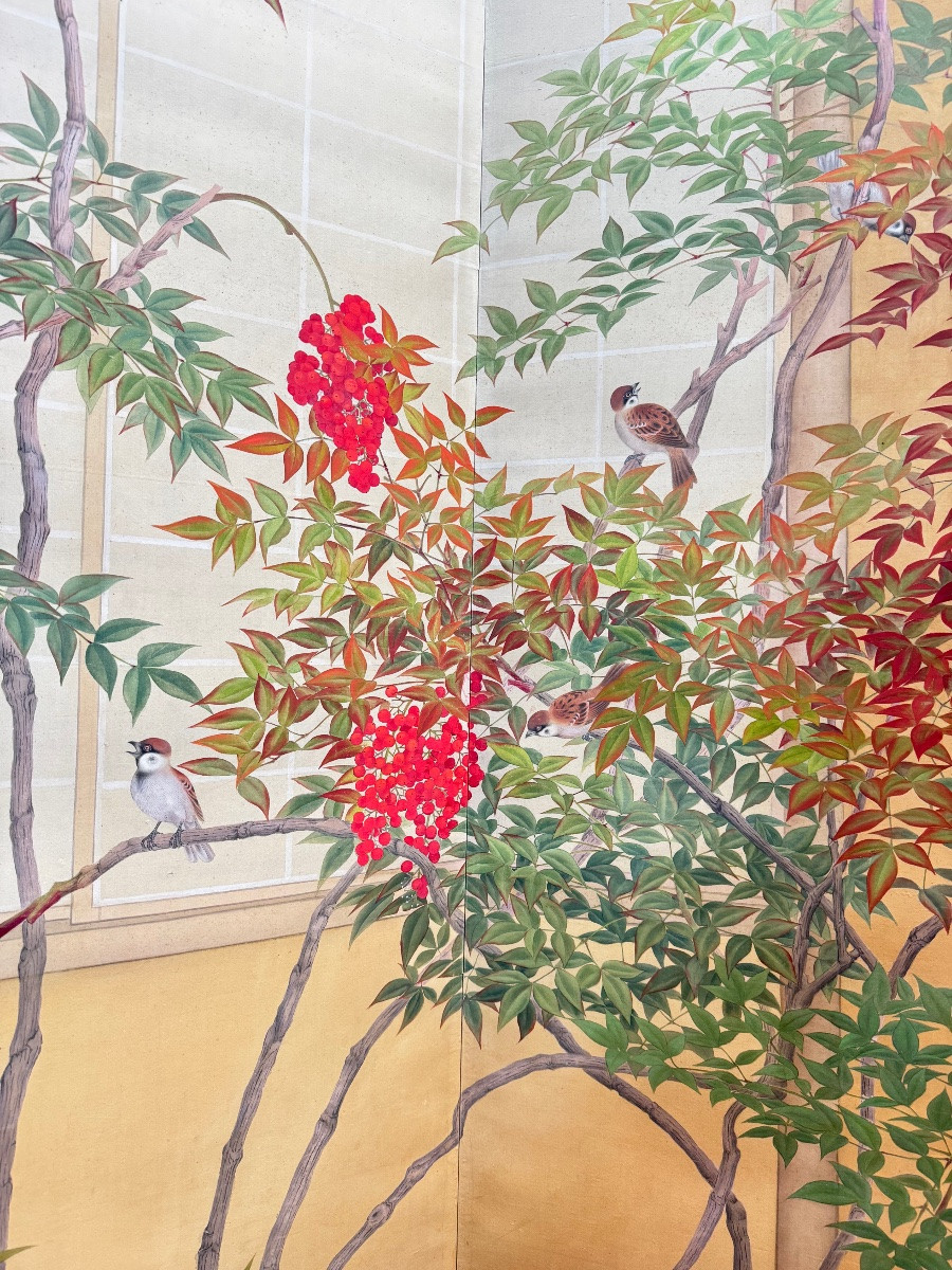 Paravent à deux panneaux à décor de plantes et d’oiseaux Japon -photo-2