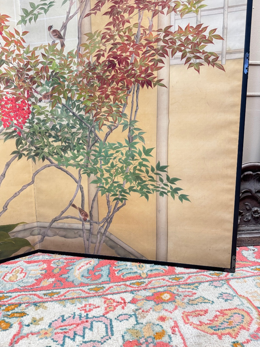 Paravent à deux panneaux à décor de plantes et d’oiseaux Japon -photo-6