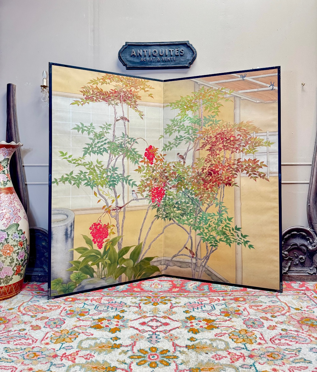 Paravent à deux panneaux à décor de plantes et d’oiseaux Japon 