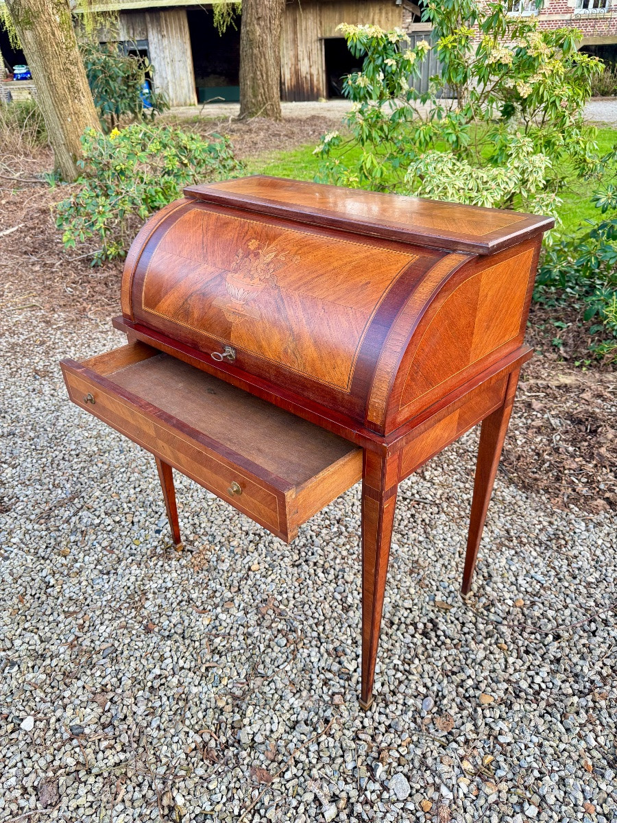Bureau cylindre en marqueterie de fleurs de style Louis XVI -photo-4
